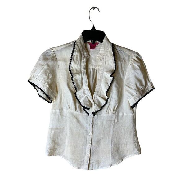 Sunny Leigh 100% Linen Shirt Women's Size Medium Ruffle Lace Trim Neckline Top - Picture 1 of 8